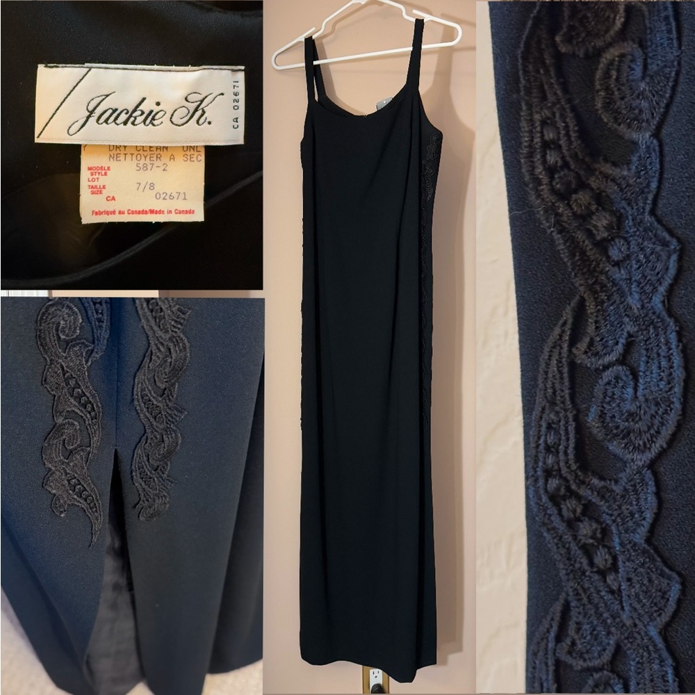 70s Vintage Jackie K. Black Maxi Dress Cotton Lace  - Made in Canada